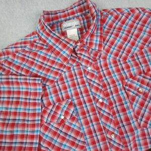 Wrangler Wrancher Shirt Mens 2XL Red Plaid Short‎ Sleeve Pearl Snap Western